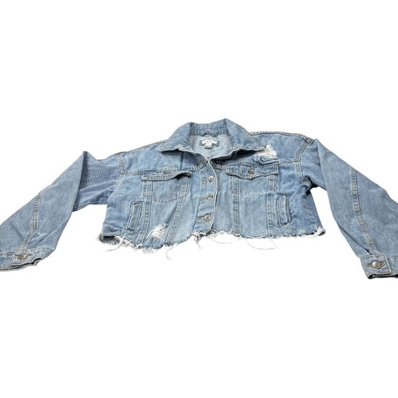 Forever 21 Distressed Cropped Denim Jacket Medium Light Wash Frayed Hem Womens - Picture 4 of 10